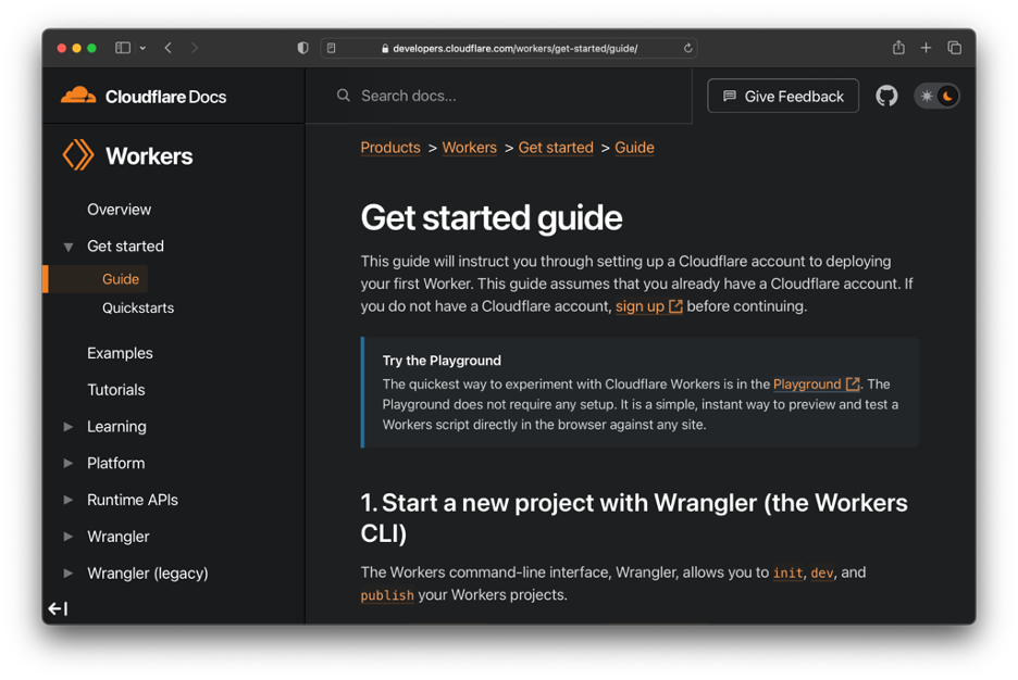 A screenshot of the Cloudflare Workers "Get started" guide web page.