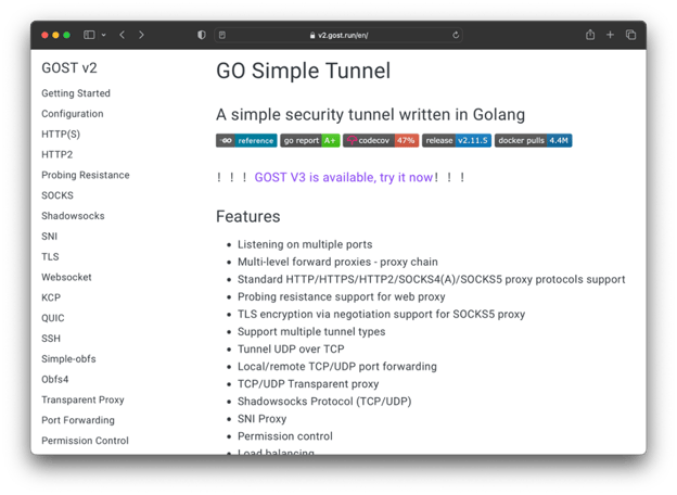 A screenshot of the GO Simple Tunnel webpage.