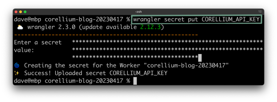 A screenshot showing the successful creation of a CORELLIUM_API_KEY.