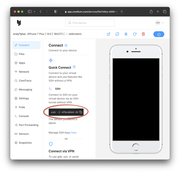   A screenshot from thCorellium app displaying where the "Quck Connect" SSH command is.