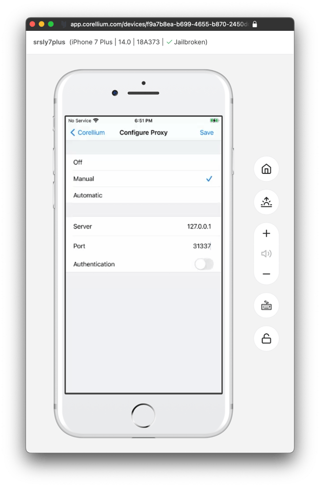 A screenshot of a virtual iOS device in the Corellium app displaying where to find the "Configure Proxy" setting.