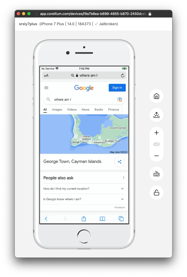 A screenshot of a virtualized iOS device in the Corellium app displaying the location configured via the proxy.