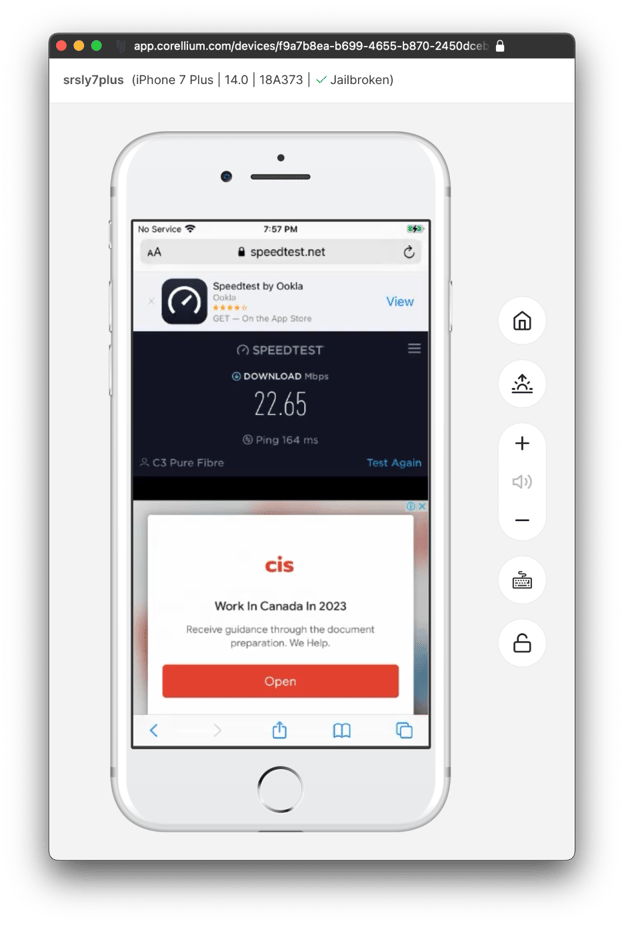 A screenshot of a virtualized iOS device in the Corellium app showing a download speed test of 22.65 Mbps and a ping of 164 ms.