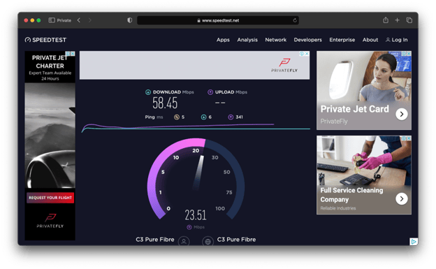 A screenshot taken from a computer showing that the upload speed on the computer is 23.51 mbps.