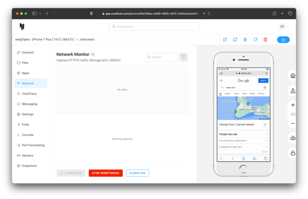 A screenshot of the Corellium app being used to monitor a network via SSH reverse tunneling in order to investigate phishing attacks.