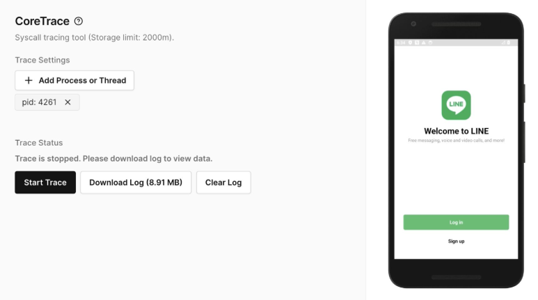 CoreTrace syscall tracing used for mobile app compliance testing and system API monitoring.