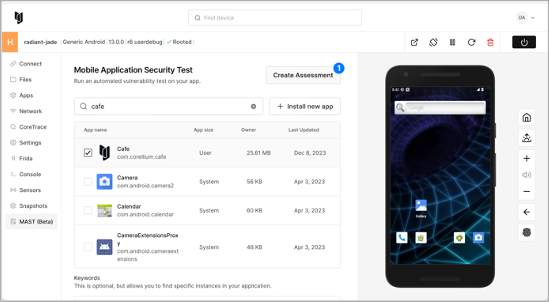 Screenshot of mobile app security test through Corellium