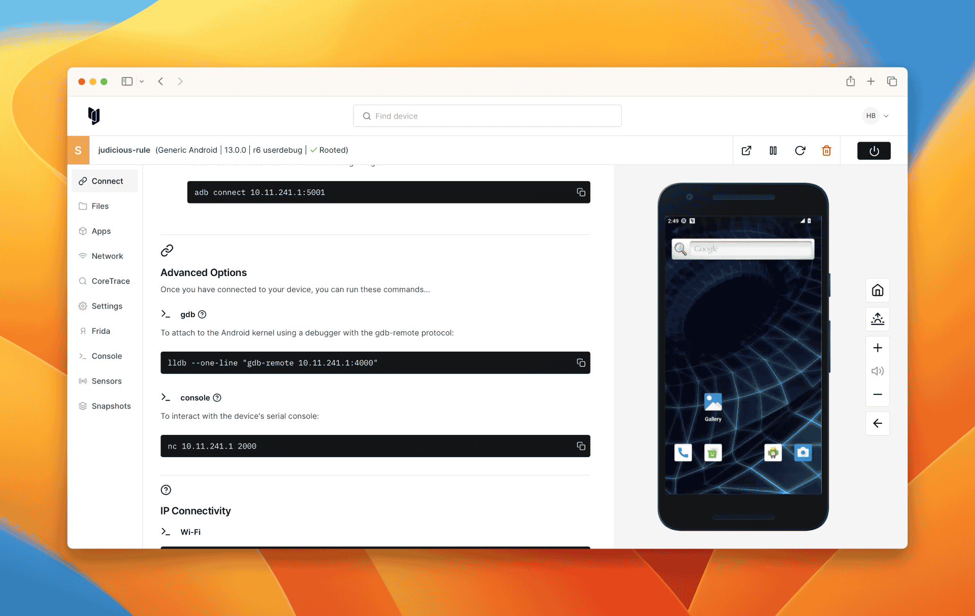  Screenshot of the Corellium platform; left side judicious rule, connect via VPN. The right side is an image of an iPhone 14 Pro Max home screen.