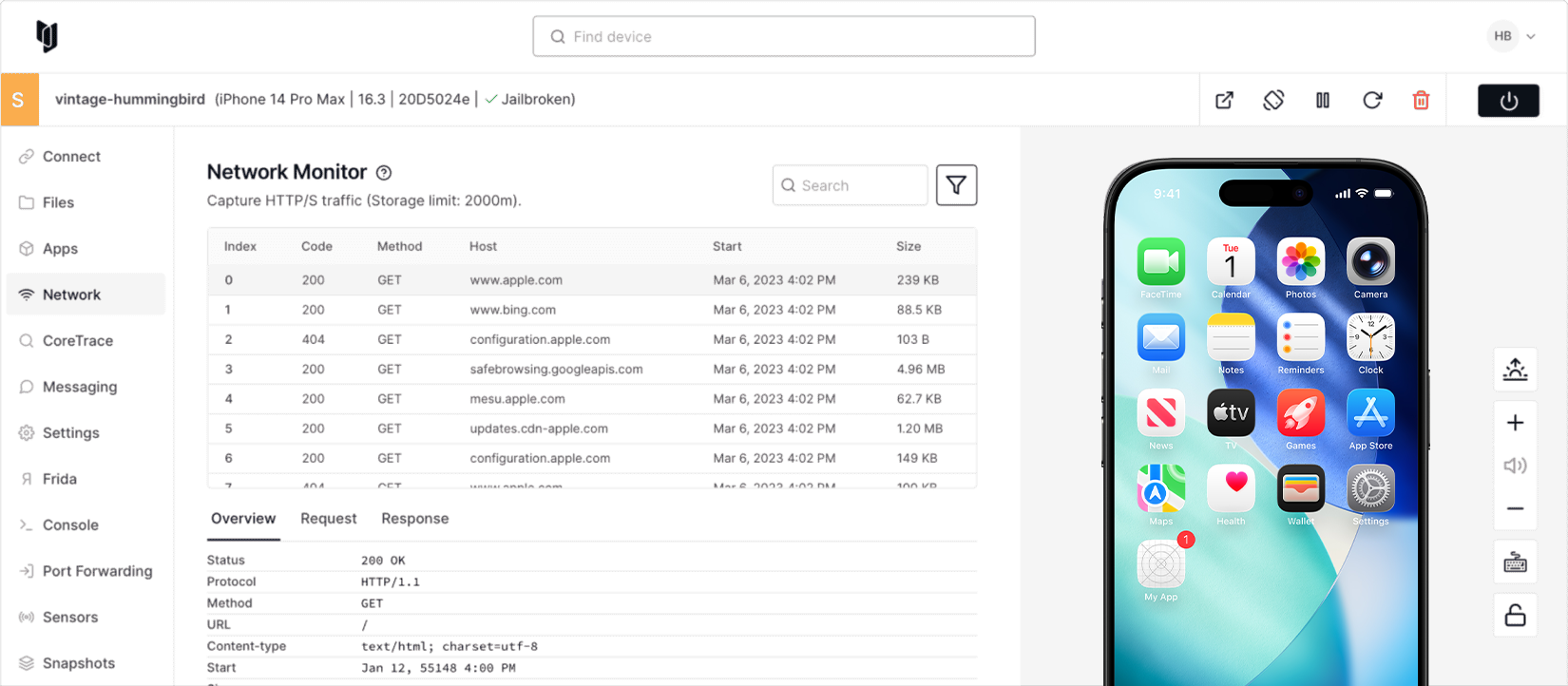 Screenshot of one of Corellium Platform's dashboards, showcasing a network traffic monitor