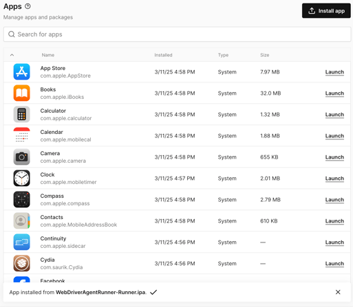 Corellium Apps interface displaying a list of installed system apps on a device, including App Store, Books, Calculator, Calendar, and more, with details on install time, size, and launch options.