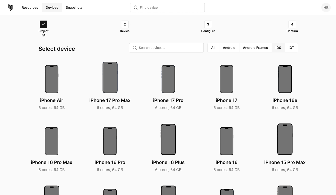 Corellium dashboard showing the device type selection screen
