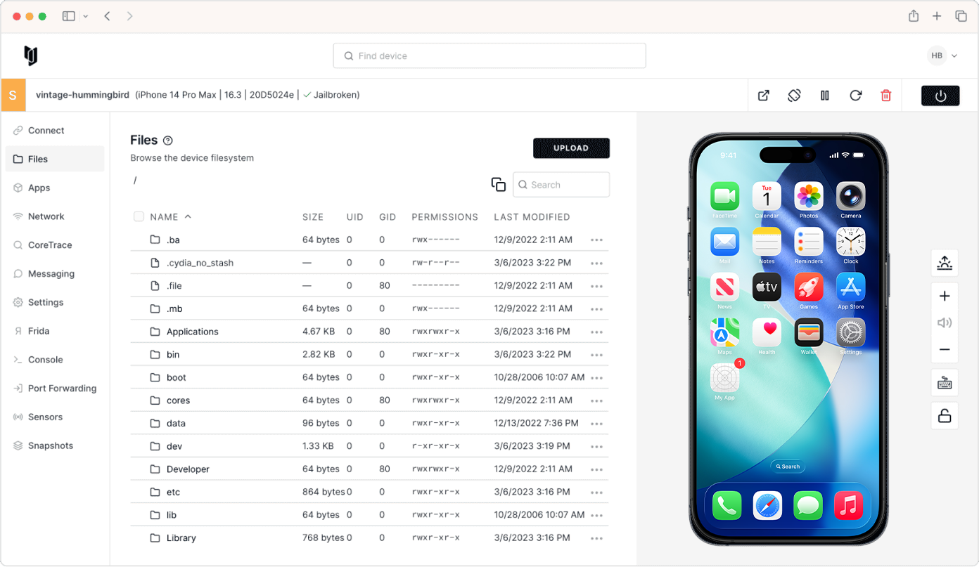 Dashboard showcasing mobile app file management
