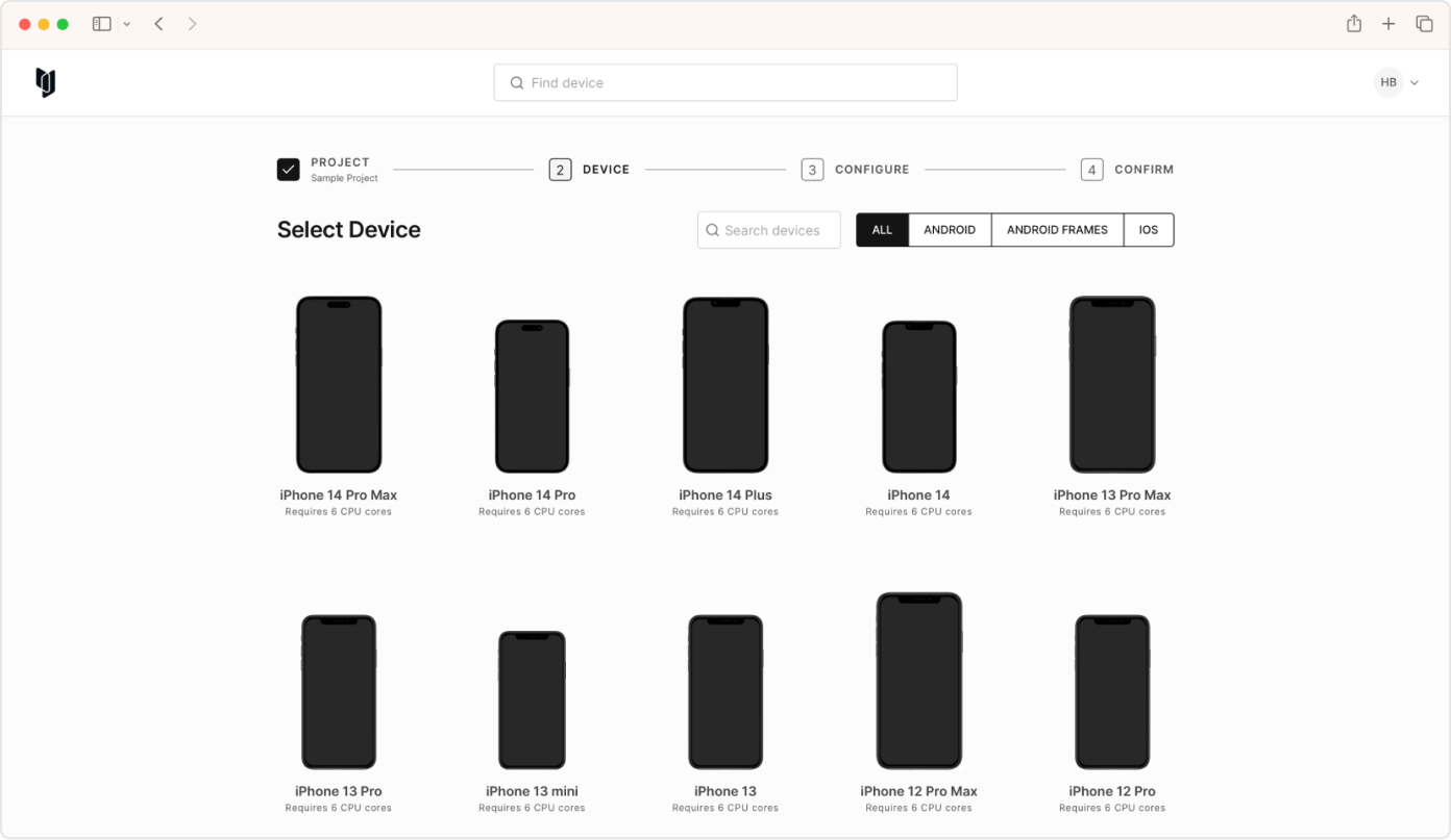 Create and selecting a device in Corellium's virtual hardware platform