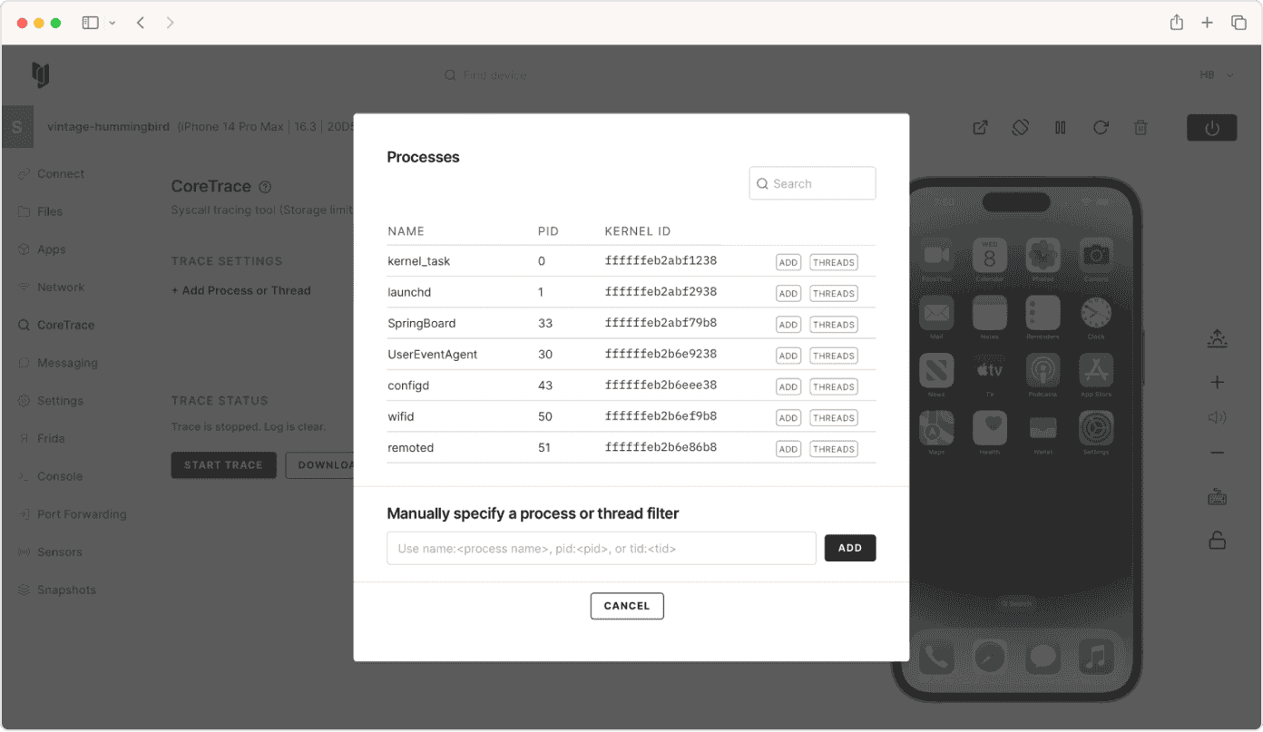 Device Features CoreTrace Processes; Corellium's virtual hardware platform