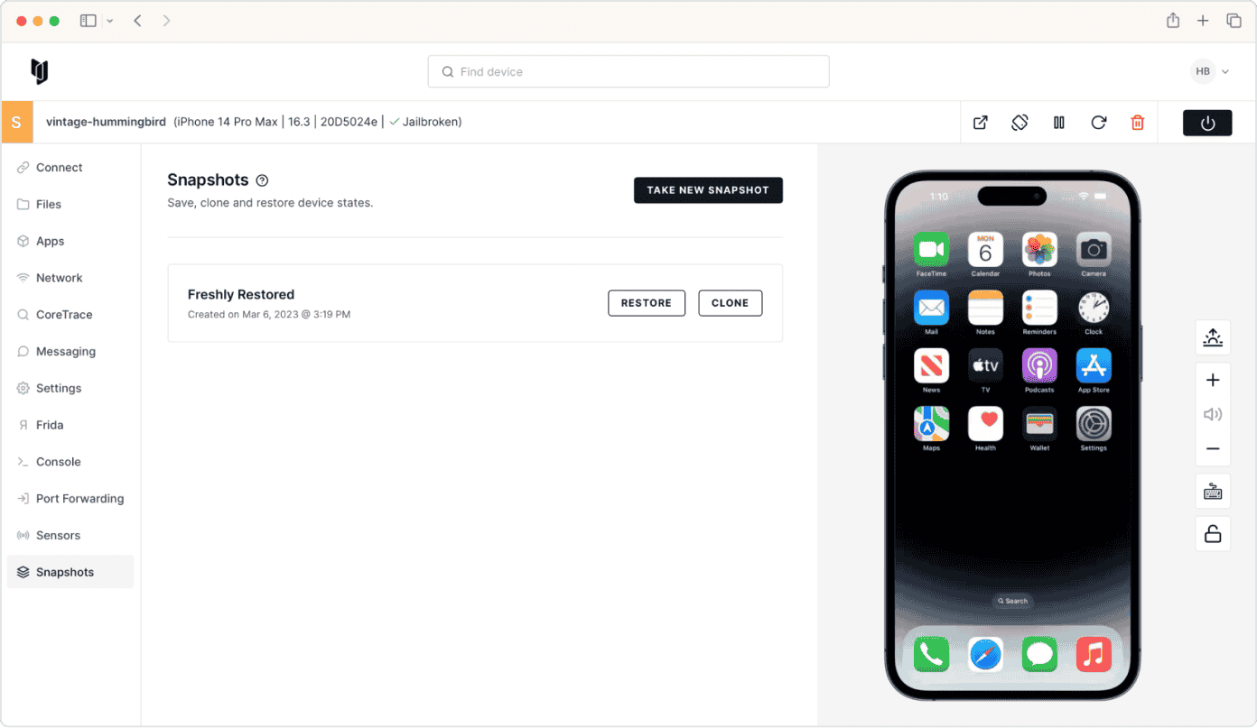Device features for snapshots in Corellium's virtual hardware platform
