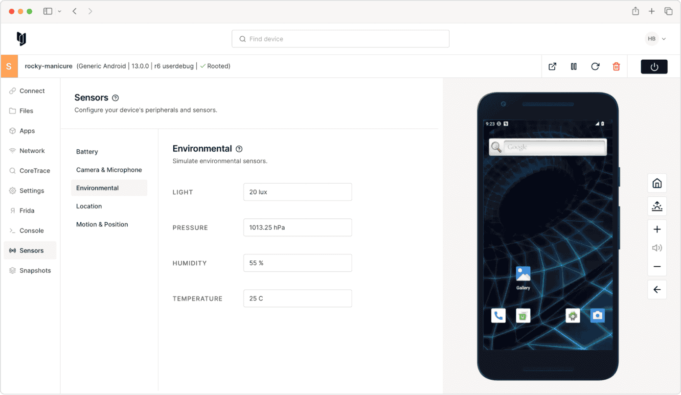 Simulate environmental sensors in Corellium's virtual hardware platform