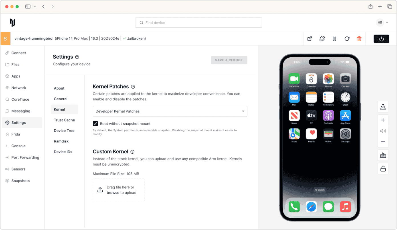 Device setting for kernel patches and custom kernels in Corellium's virtual hardware platform