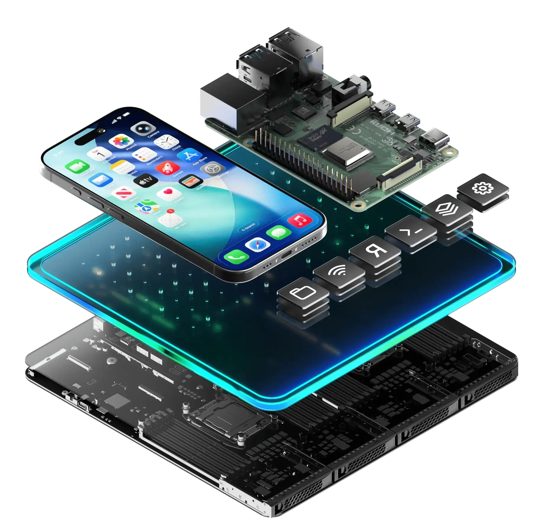 Phone broken into layers - face and mechanicals - with icons representing Corellium's virtual hardware suite of tools
