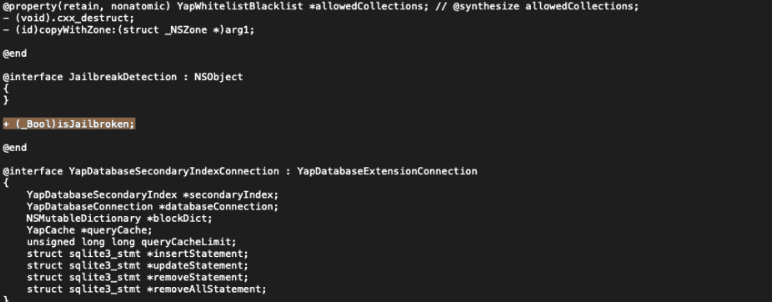 Strings command revealing jailbreak detection code in iOS app, aiding mobile reverse engineering and security bypass analysis.