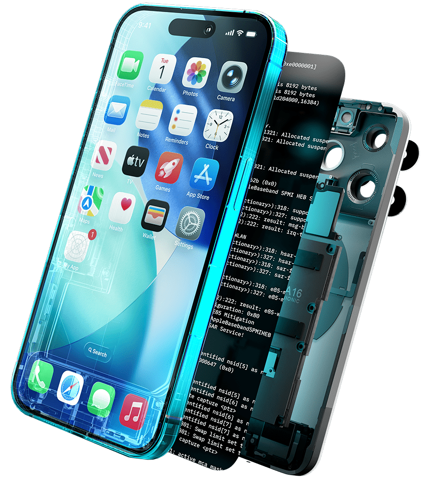 Phone split into layers: face, code, and mechanicals