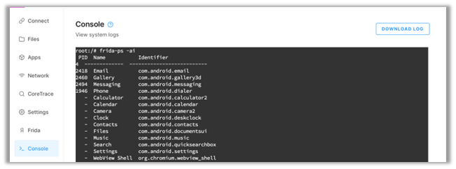 A screenshot of the Corellium console. 